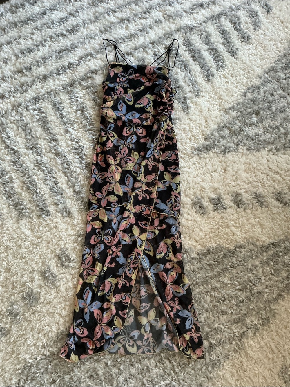 Urban Outfitters Black Maxi Slip Dress with Pastel Floral Leaves